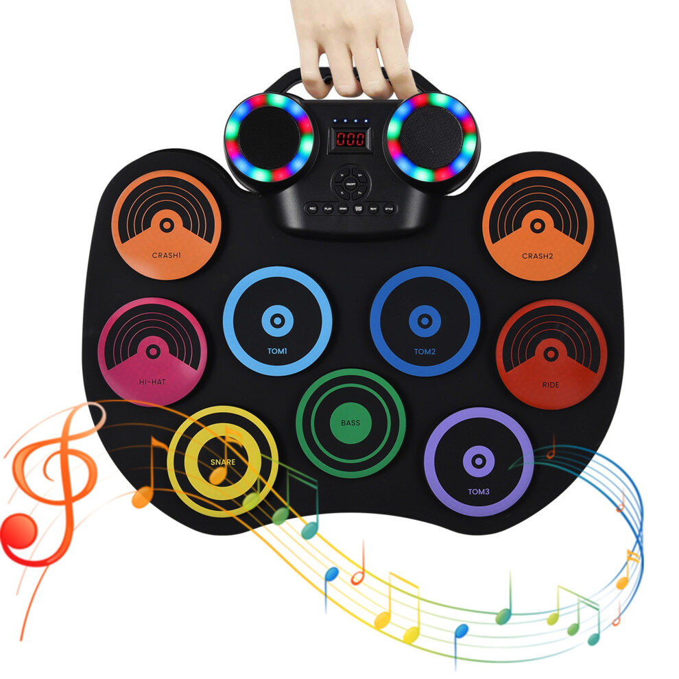 Portable 9-Pad Electronic Drum Set with LED Display and Colorful Lights