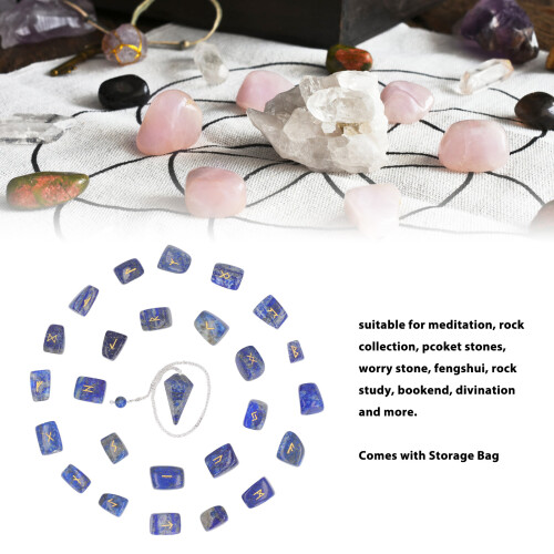 25 pièces de pierres runiques en lazurite avec pendule - chakra 2