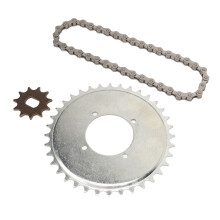 Kit pignone e catena per trasmissione 410, dorato, 38 maglie, 11 denti.
