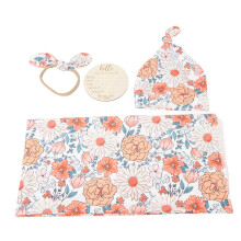 4er Pack mit floral bedrucktem Neugeborenen-Schloppetuch & Stirnband-Set, atmungsaktiv, weich, 10 cm Holz-Monatsplatte