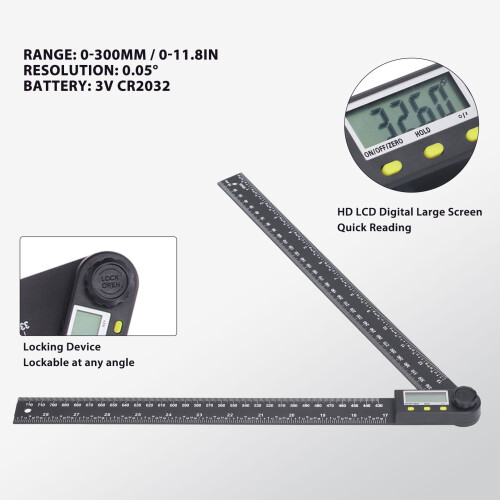 LCD Digital Angle Ruler 0‑300mm 0‑360 Protractor Black 2