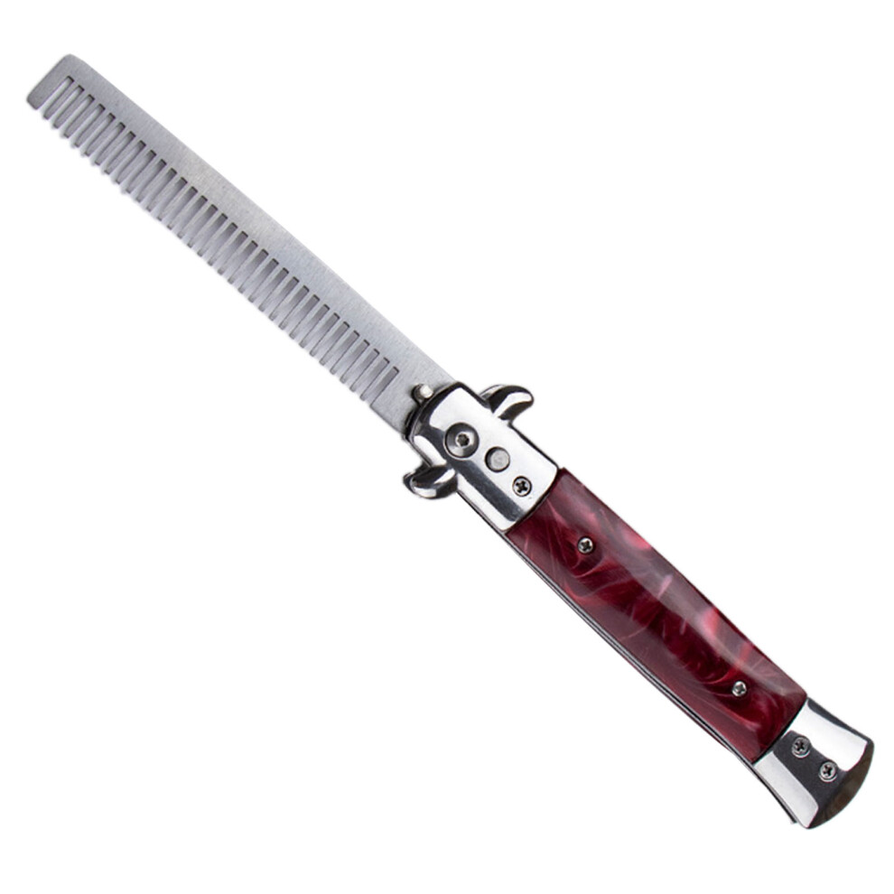 Unisex Red Stainless Steel Switchblade Hair Comb Automatic Spring Folding Tool