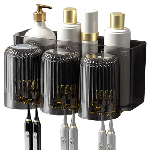 Wall Mounted Toothbrush Holder 3 Cups Black Plastic Hygienic Durable