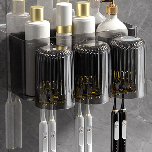 Wall Mounted Toothbrush Holder 3 Cups Black Plastic Hygienic Durable 2