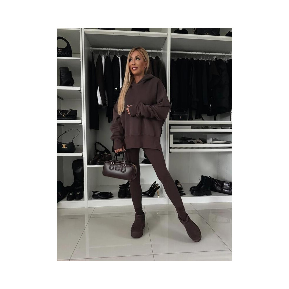 (Brown, M) Women's Drop Shoulder Split Hem Hoodie & Elastic Waist Skinny Pants Two-piece Set, Casual Fashion Cozy Breathable Two Piece Outfits-image-OPC-PJDXXD8-NEW