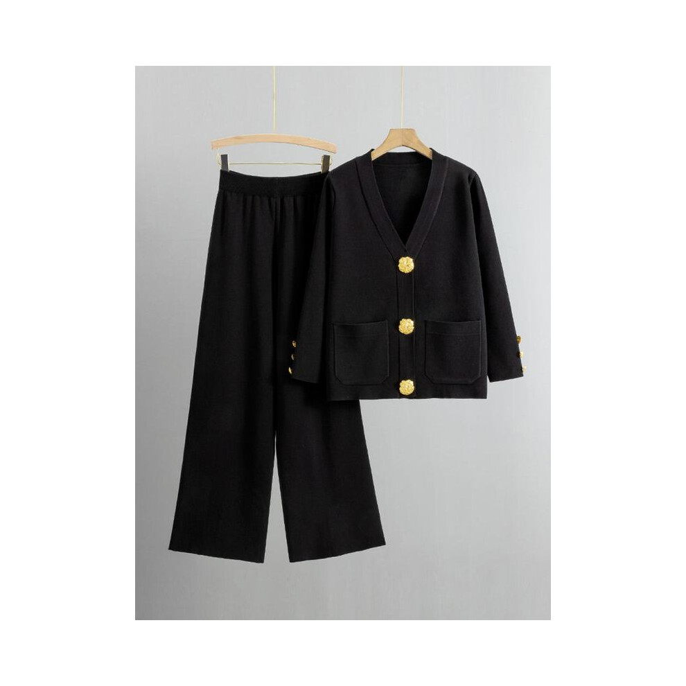 (Black, one-size) Women's Versatile V-Neck Gold-Toned Button Side Pocket Cardigan & High Waist Wide Leg Trousers Co-ord-image-OPC-PJDXXP9-NEW