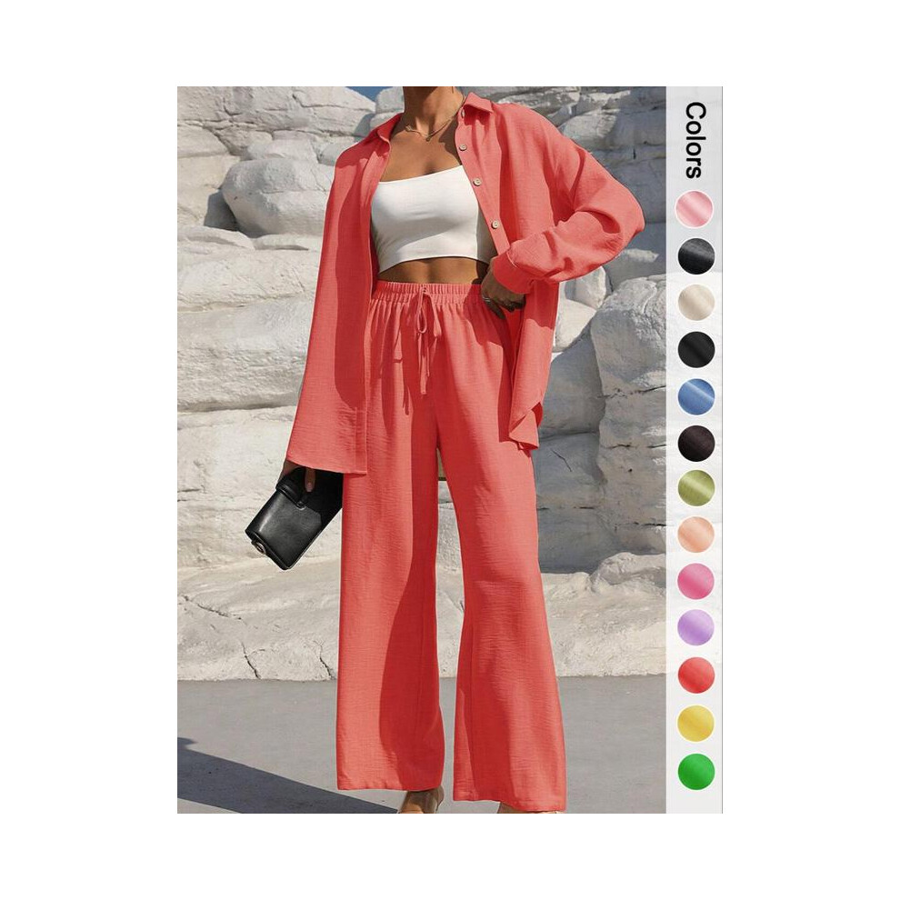 (Deep Pink, L) Women's Solid Button Front Shirt & Tie Front Wide Leg Pants Two-piece Set, Casual Drop Shoulder Long Sleeve Blouse Top & Trousers 2 Pie-image-OPC-PJDXXW2-NEW