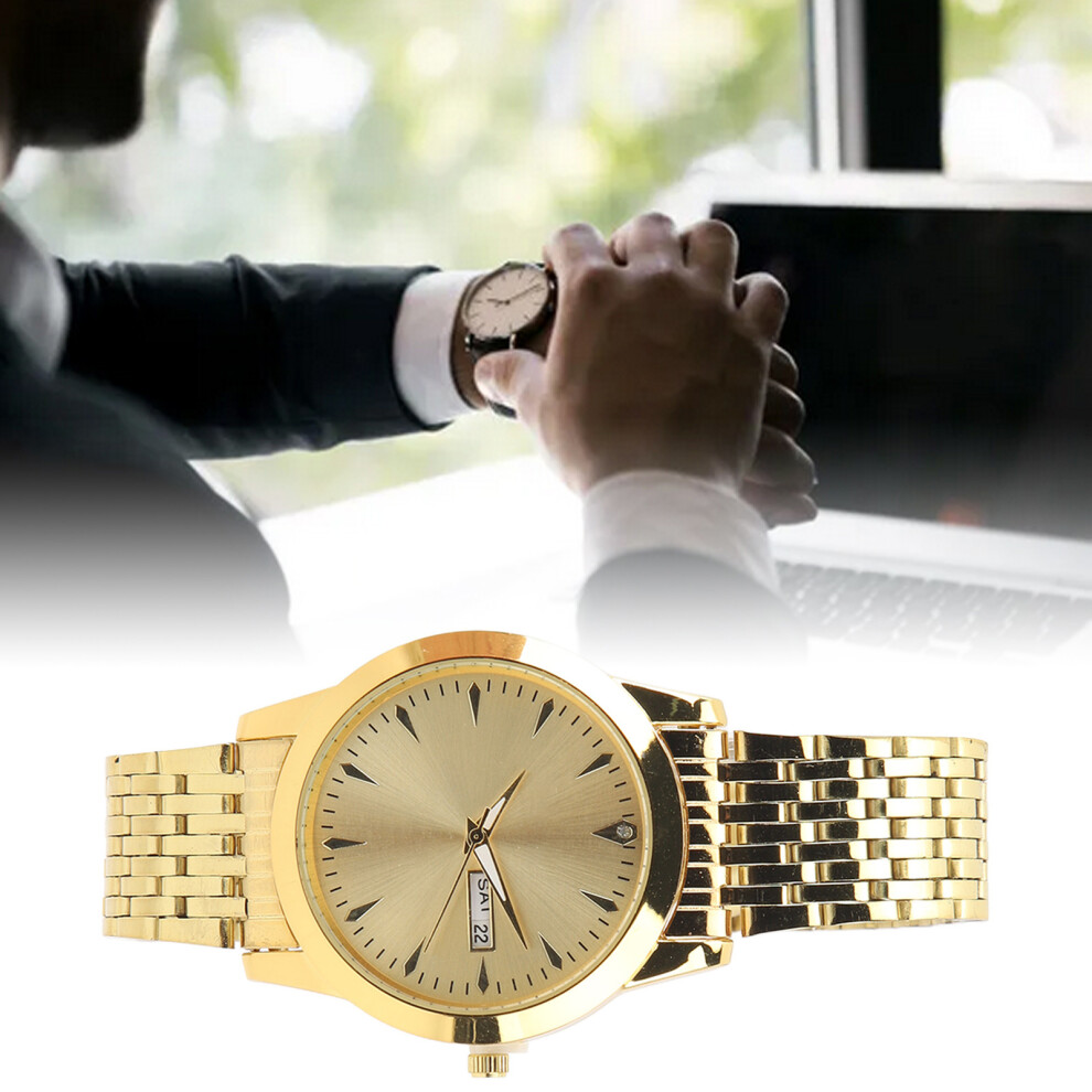 Stylish Gold Quartz Men's Watch Dual Date Stainless Steel Dress Watch