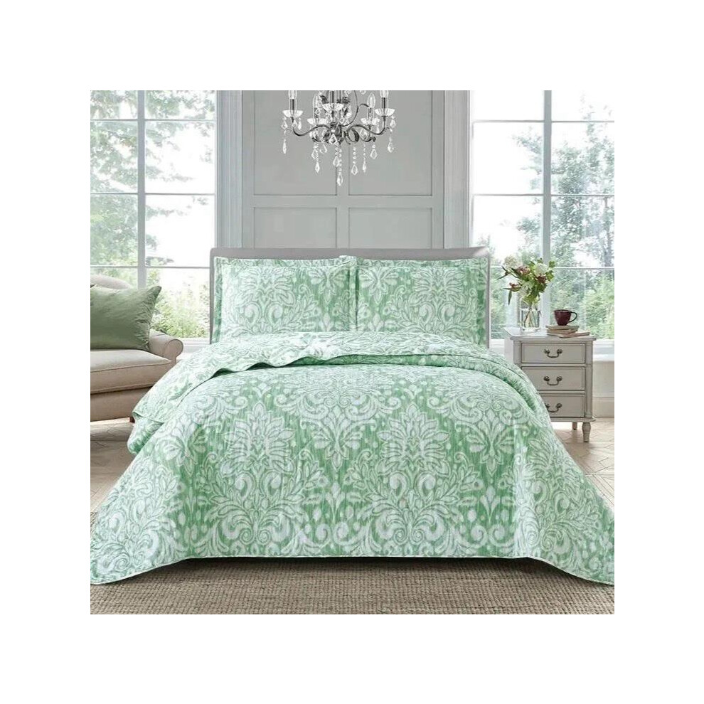 (Royal Damask Green, Double/King) Quilted Patchwork Bedspread & Pillow Shams Set - Perfect for Summer with Elegant Damask Design-image-OPC-PJDYB6J-NEW