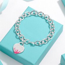 (Pink ink-splashed bracelet, 19CM) Heart-shaped English tag couple bracelet, heart-shaped OT clasp, blue enamel heart ring jewelry