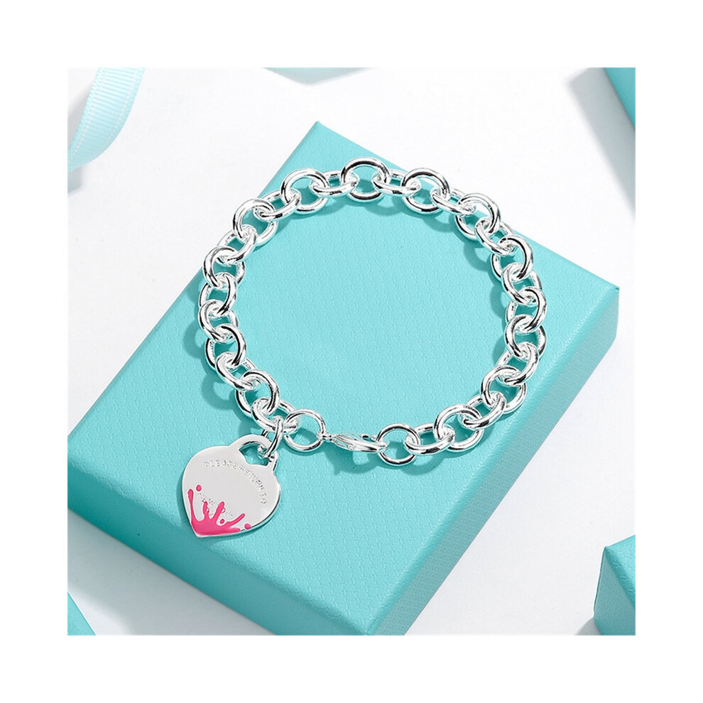 (Pink ink-splashed bracelet, 19CM) Heart-shaped English tag couple bracelet, heart-shaped OT clasp, blue enamel heart ring jewelry