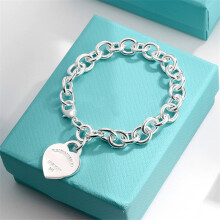 (Silver heart-shaped bracelet, 21CM) Heart-shaped English tag couple bracelet, heart-shaped OT clasp, blue enamel heart ring jewelry