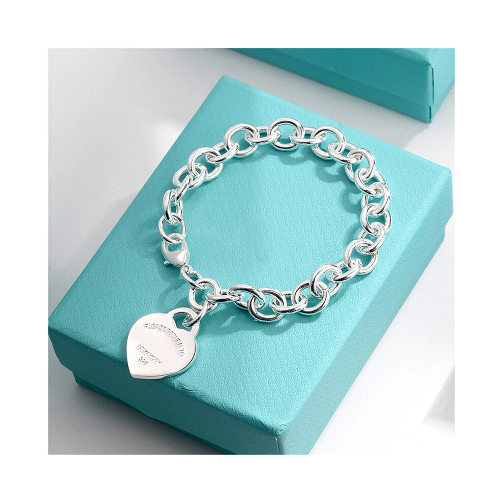 (Silver heart-shaped bracelet, 21CM) Heart-shaped English tag couple bracelet, heart-shaped OT clasp, blue enamel heart ring jewelry