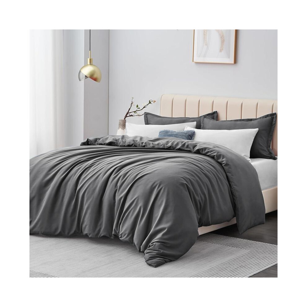 (Grey, Double) Premium Microfiber Duvet Cover Set â 3 Piece Solid Bedding Set with Matching Pillow Cases , Ultra Soft Hypoallergenic Luxury Quilt Co-image-OPC-PJDYBX5-NEW