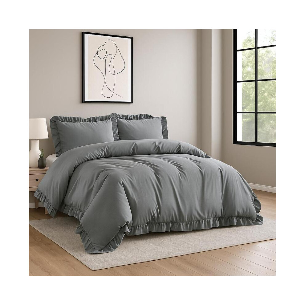 (Dark Grey, Double) 4-Piece Ruffle Bedding Set with Fitted Sheet â Soft Microfibre Duvet Cover & Pillowcases â Elegant Frilled Design, Wrinkle-Res-image-OPC-PJDYDMK-NEW