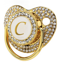Baby Bling Schnuller Goldener Schnullerclip Buchstabe gebogener Schnuller mit Staubschutz für Neugeborene Buchstabe C