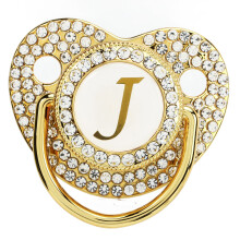 Baby Bling Schnuller Goldener Schnullerclip Buchstabe Gebogener Schnuller mit Staubschutz für Neugeborene Buchstabe J