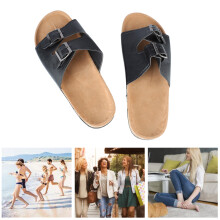 Herren Sommer Flache Slides Outdoor Leger Casual Modische PU Leder Slippers mit verstellbarem Schnalle Schwarz 42