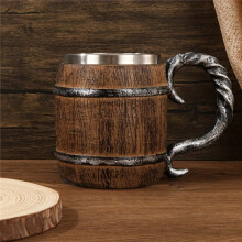 (A-Brown) Stainless Steel Beer Mug,Wood Barrel Design,Non-Slip Feature, Lead-Free,for Christmas, Halloween, Birthday Themed Steins