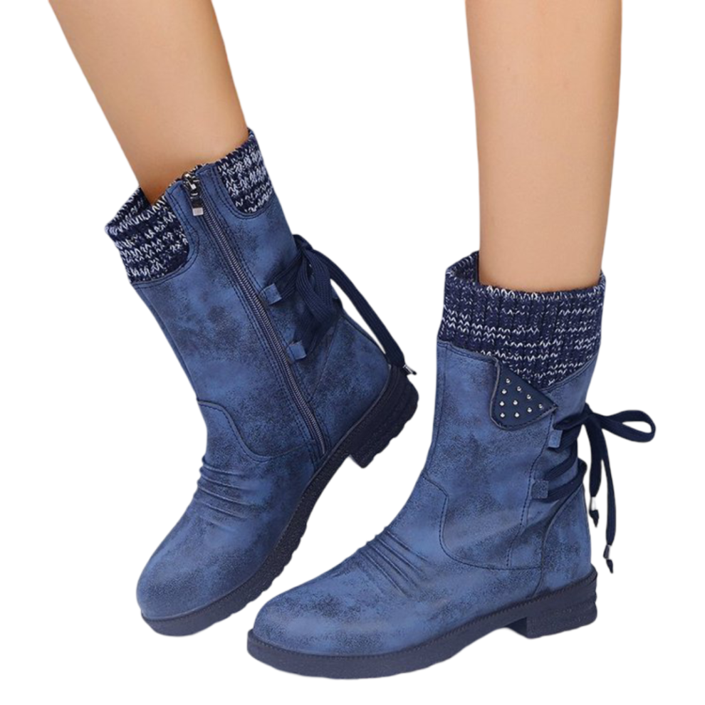 ( blue, 35) Chunky Heel Mid-Calf Boots Back Ties Women UK Fashion Boots