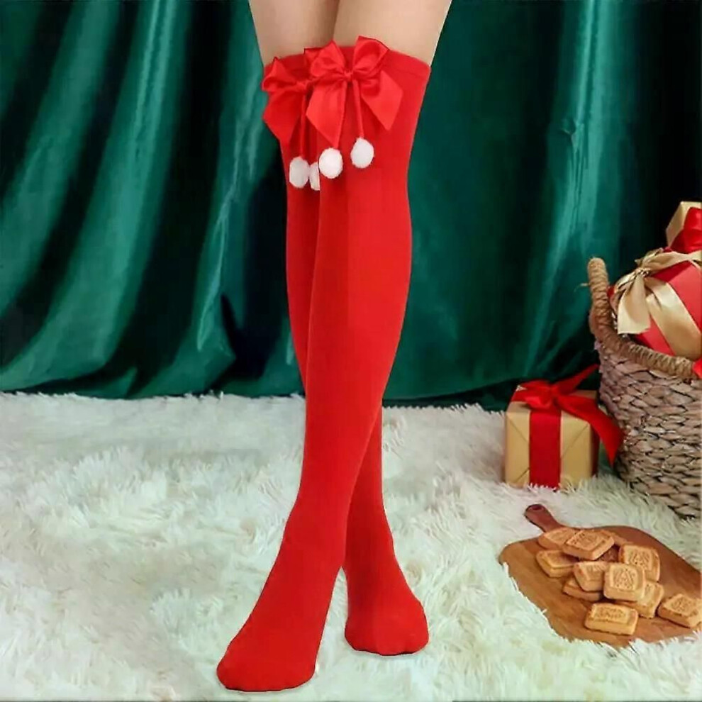 1 paire de chaussettes hautes à rayures pour femme, avec nœud décoratif, élastiques et diagonales