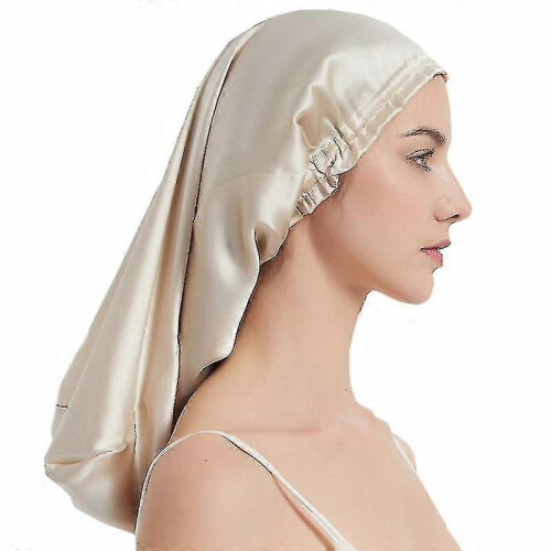 Gorro de dormir 100 % seda morera para cabello largo, gorro de dormir largo de seda (beige)