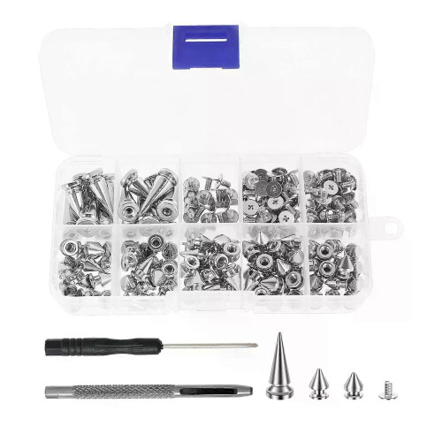 105PCS/Set Punk Spikes and Studs Kit Silver Cone 3 Size Metal Leather Tree Spike Assortment Kit for