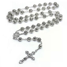10mm Vintage Cross Pendant Plastic Rose Rosary Necklace Catholic Prayer Jewelry Gifts