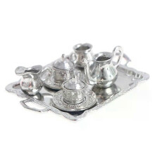 Set di stoviglie per tè e caffè in metallo argentato in miniatura per casa delle bambole 1/12 da 10