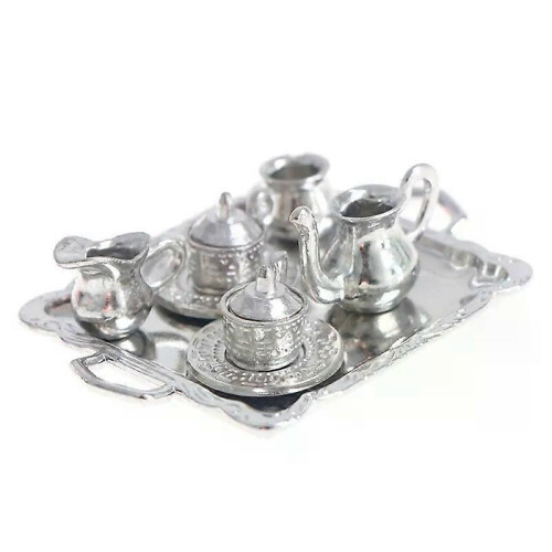 10 st 1/12 dockskåp miniatyr silvermetall te kaffebricka servisset
