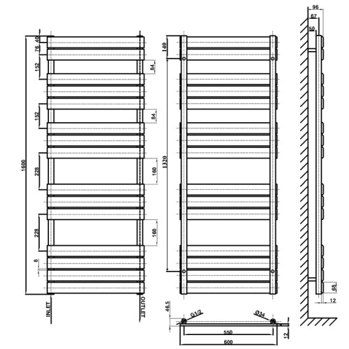 AICA (Anthracite, 1600x600mm) Heated Towel Rail Flat Central Heating Radiator 2