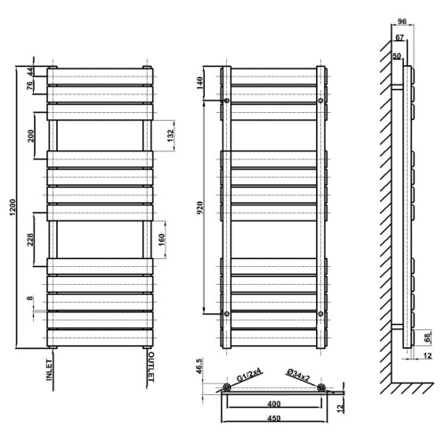AICA (White, 1200x450mm) Heated Towel Rail Flat Central Heating Radiator 2