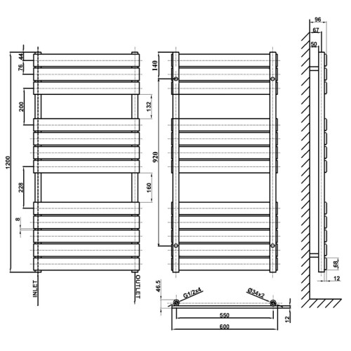 AICA (White, 1200x600mm) Heated Towel Rail Flat Central Heating Radiator 2