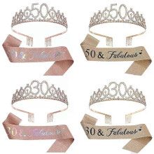2 teile/satz Geburtstag Party Crown Schärpe 18 21 30 40 50 Kristall Krone Tiara Druck Etikette Gürtel
