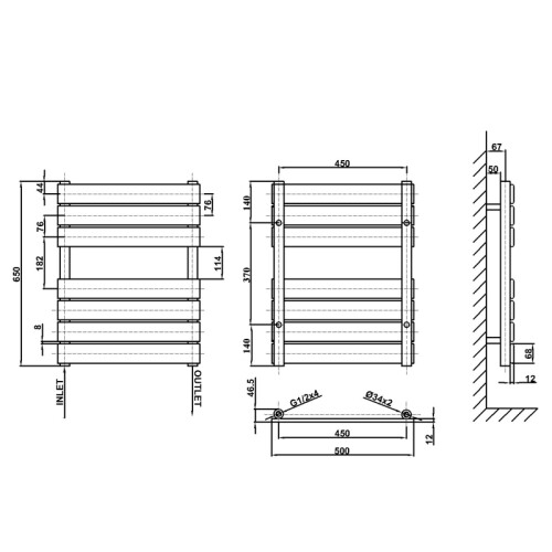 AICA (Black, 650x500mm) Heated Towel Rail Flat Central Heating Radiator 2