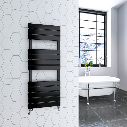 AICA (Black, 1200x450mm) Heated Towel Rail Flat Central Heating Radiator 1