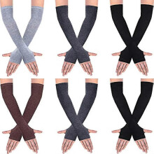 6 pares de guantes elásticos de punto con orificio para el pulgar para mujer, guantes largos sin dedos