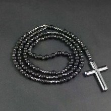 6mm Natural Stone Black Obsidian Tiger-eye Lapis Lazuli Round Beads Long Necklace with Cross Pendant