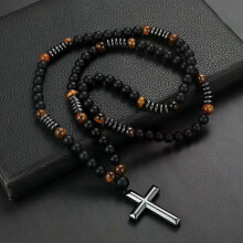 8mm Black Obsidian Tiger-eye Beaded Necklace with Hematite Cross Pendant for Men