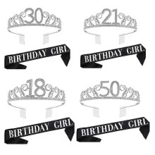 Geburtstagsparty-Dekoration 18 21 30 40 50 Silber Schwarz Satin Schärpe Kristall Krone Tiara Alles Gute
