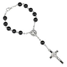 Braccialetto con perline a croce in vetro nero e rosario, gioielli religiosi