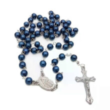 Collana rosario con perle di vetro blu per uomo e donna, ciondolo a croce lungo, gioielli religiosi