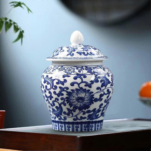 Blue And White Ceramic Glazed Ginger Jar Tea Storage Jar With Lid Multi Purpose For Weddings, Party, 1
