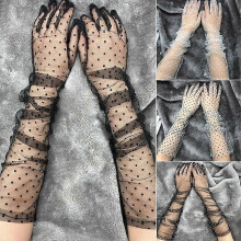 Guanti lunghi in tulle elasticizzato semitrasparente con pois, abito da ballo da donna, nero