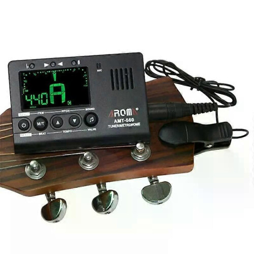 Accordeur et métronome pour guitare électrique avec microphone intégré et câble micro de 63 mm.