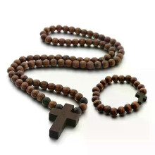 for Cross Jesus Bracelet Necklace Pendant for Men Woman Wooden Beads Carved Long Rosary Catholic Necklaces