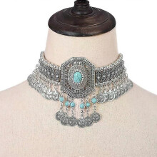 Ethnic Statement Collar Necklace for Women Choker Bohemian Vintage Hollow Geometric Crystal Rhinestone