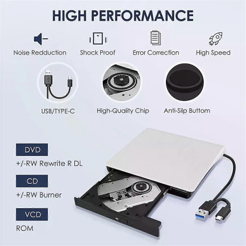 Unità esterna CD DVD +/-RW USB 30 e USB-C, lettore, scrittore e rimasterizzatore portatile per CD e 2