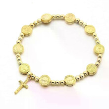 Bracciale con ciondolo a croce di San Benedetto placcato in oro, perline rotonde, per donne e uomini,