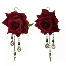 Gotische oorbellen met hanger, middeleeuwse, retro, vampier, overdreven rode roos, tandwielhanger, oorhangers